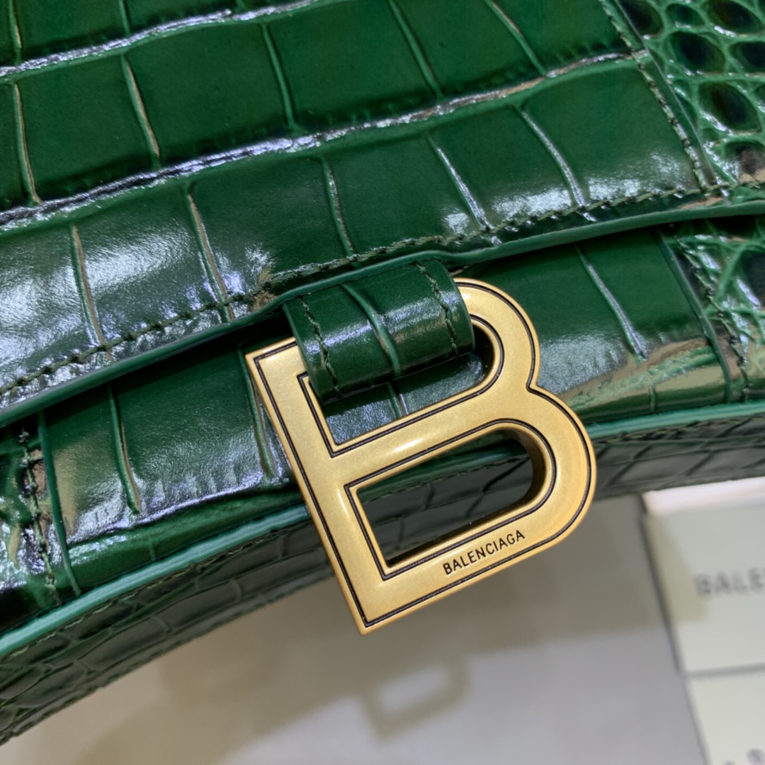 Balenciaga Small Hourglass Wallet With Chain Crocodile Embossed Shoulder Bag Dark Green